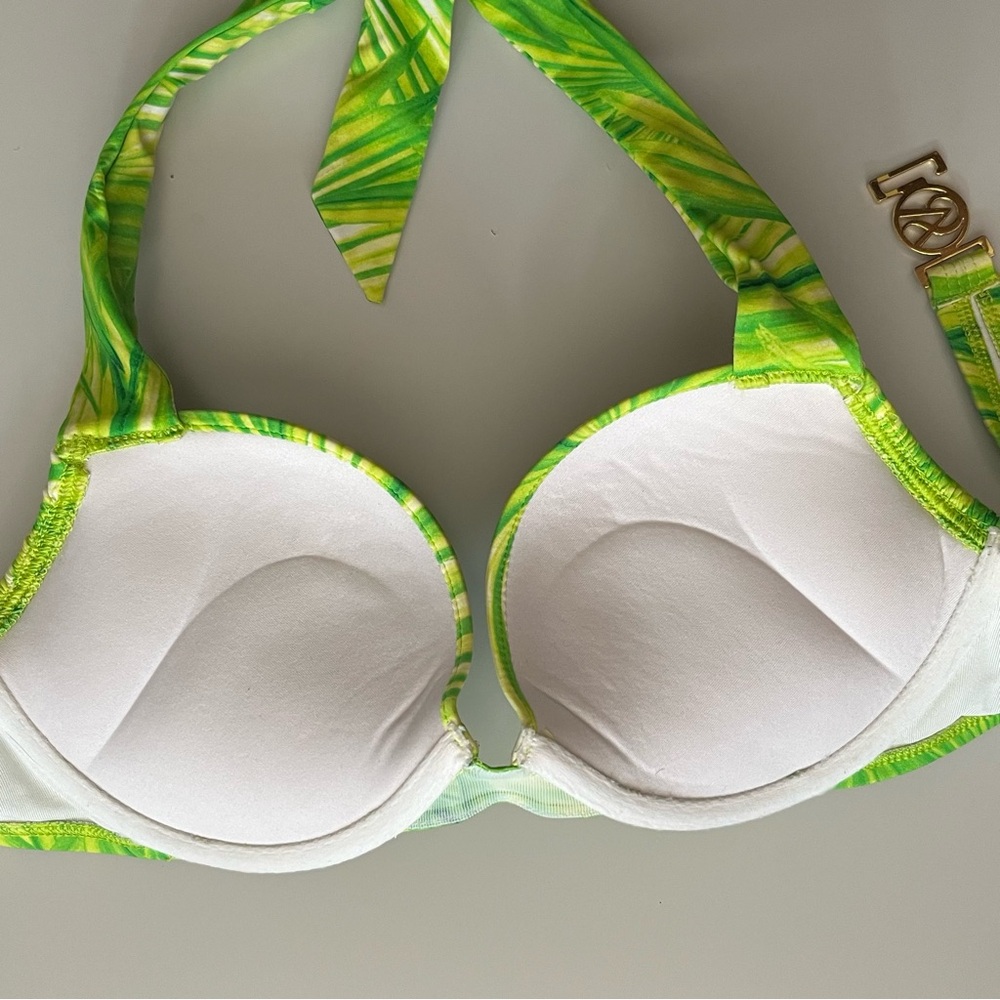 VS • 34B • Neon Palm Print Bombshell Halter Bikini Top - Picture 3 of 4